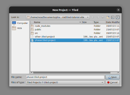 tampilan UI new-project tiled